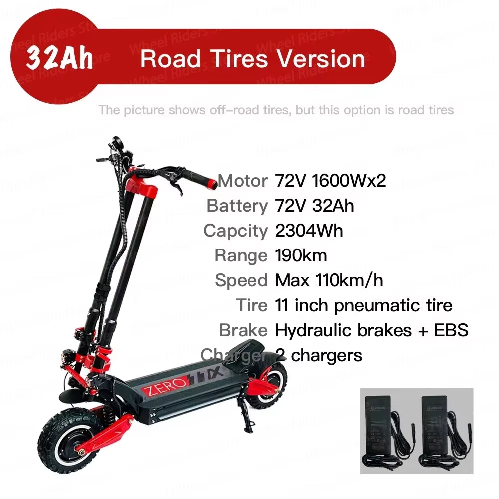 Original ZERO 11X Inch Dual Motor Electric Scooter 72V 32A 3200W Off-Road Street E-Scooter 110Km/H Double Drive