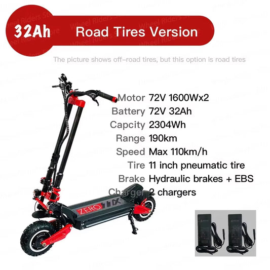 Original ZERO 11X Inch Dual Motor Electric Scooter 72V 32A 3200W Off-Road Street E-Scooter 110Km/H Double Drive